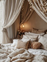Canopy Bed Featuring Neutral Colors with a Cozy Warm Aesthetic