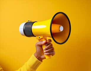 a vibrant yellow megaphone held against a bright yellow background symbolizing communication and attention grabbing messages