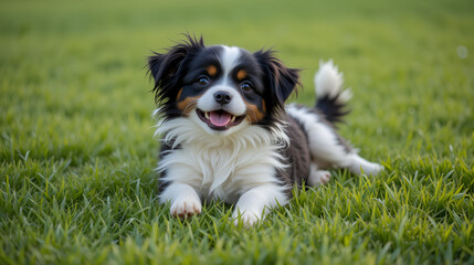 Obraz premium A cute, black and white dog rolling happily in the grass.