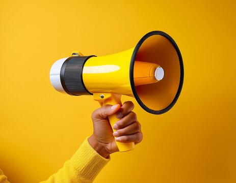 a vibrant yellow megaphone held against a bright yellow background symbolizing communication and attention grabbing messages