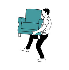 Young man carrying teal armchair. Relocation, apartment furniture moving concept. Cartoon character Hand drawn Vector illustration isolated