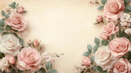 Floral arrangement of soft pink and white roses on a cream background, perfect for romantic invitations, greeting cards, weddings, or anniversaries.