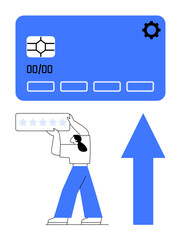 Person holding five-star rating below a credit card, with arrow pointing upwards. Ideal for credit rating, personal finance, financial growth, customer feedback, investment, e-commerce, fintech