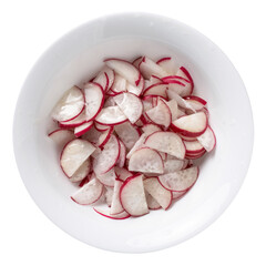 Spring salad of fresh radishes with olive oil, top view, healthy food, vegetarian salad