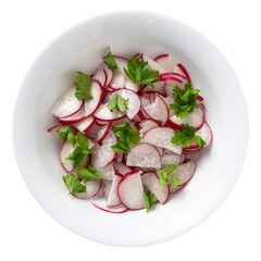 Spring salad of fresh radishes with olive oil, top view, healthy food, vegetarian salad