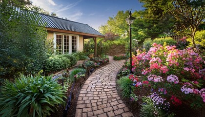 Fototapeta premium lush backyard garden with blooming flowers and peaceful pathway