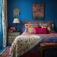 A bedroom with colorful decor and a rug