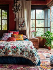 A charming bedroom interior with a floral patterned quilt