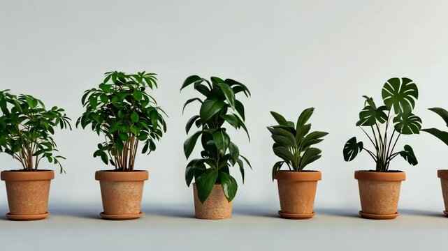 Home interior featuring various houseplants in terracotta pots arranged neatly on a minimalist surface