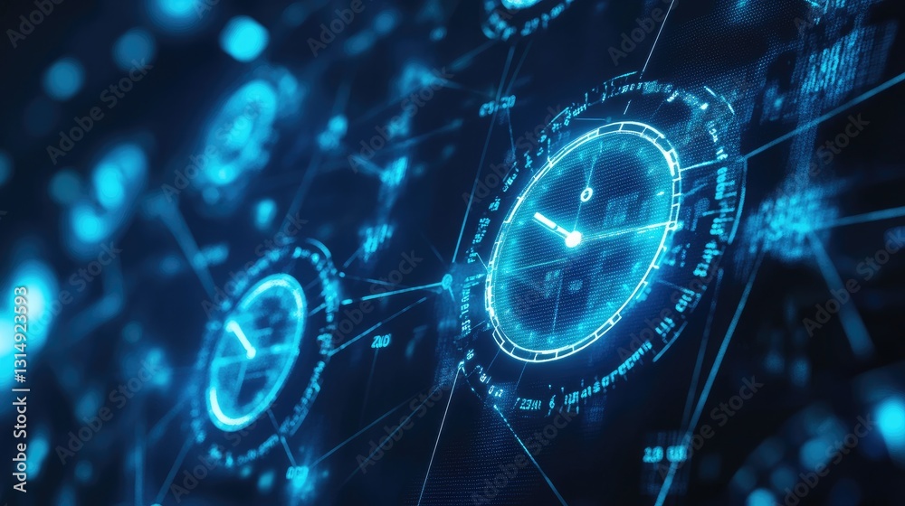 Poster a concept of workflow efficiency with an interconnected network of digital clocks.