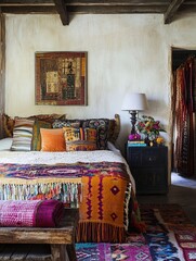 A colorful bed showcasing bohemian style and vibrant textiles