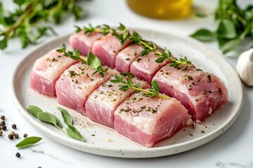 Fresh Pork Cuts With Herbs Ready For Cooking On A White Plate With Olive Oil In Background