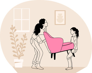 Mother and daughter carrying armchair. Relocation, apartment furniture moving concept. Cartoon characters Hand drawn Vector illustration with living room interior neutral beige background.