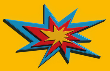 Starry explosive multicolored boom on yellow background, 3D rendering illustration