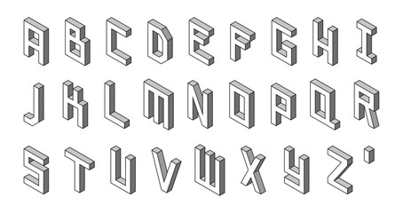 Monochrome isometric alphabet with apostrophe symbol.