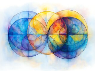 Watercolor Geometric Arrangement of Overlapping Circles in Vivid Hues