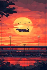 Night view of busy international airport terminals