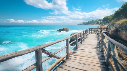 Obraz premium Relaxing ocean view from wooden pier coastal location scenic photography bright sunny day calm waters