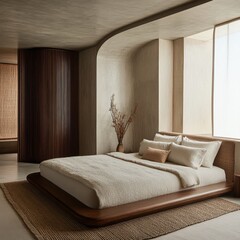 A minimalist bedroom with a low platform bed and rug