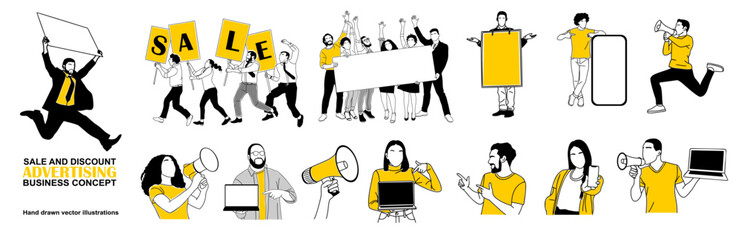 Marketing, advertising, sale, discount business concept illustrations. Set of men and women presenting goods, service. Modern vector hand drawn outline drawing isolated 