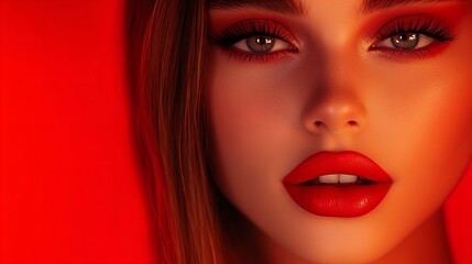 Fototapeta premium Close-up of a young woman's face, with dramatic red makeup against a bold red background. Fiery and seductive.
