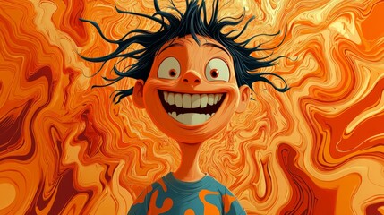 Obraz premium Happy cartoon boy smiling with orange swirling background