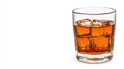 Amber Liquid in Rocks Glass with Ice Cubes on White Background