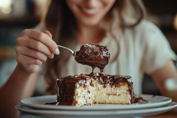 A woman joyfully enjoys a decadent slice of chocolate cake, savoring each spoonful.