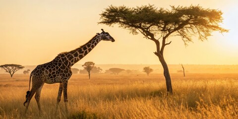Fototapeta premium Giraffe grazing at sunset in the african savannah wildlife photography natural habitat serene landscape wide-angle view