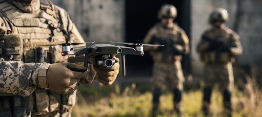Fototapeta premium military soldiers in camouflage holding drone 