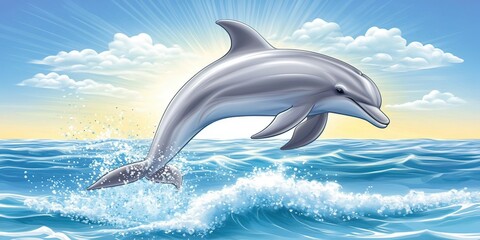 Fototapeta premium Dolphin leaping in ocean waves at sunrise nature illustration bright viewpoint