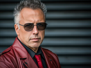 Fototapeta premium Mature caucasian male in red leather jacket and sunglasses against dark background
