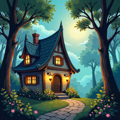 Fototapeta premium Charming cottage illuminated in moonlight, tranquil fantasy landscape
