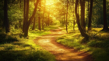 Obraz premium A winding dirt path cutting through a vibrant, untouched forest.