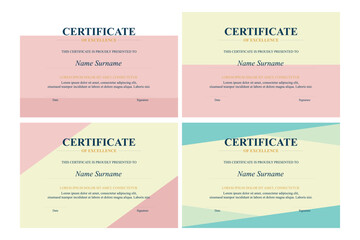 Four pastel certificate designs; achievement, award, background, template, print