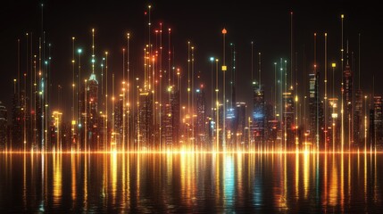 Fototapeta premium Bar chart overlaying a city skyline, symbolizing corporate development.