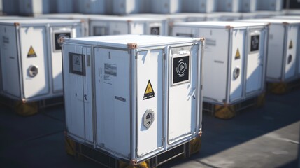 Battery storage containers aligned for renewable energy backup.