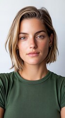 A young woman with a blonde bob hairstyle poses against a neutral background.