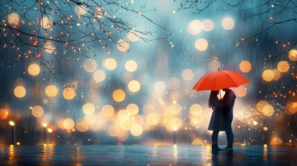 Romantic embrace amidst rainy city lights urban setting photography evening atmosphere close-up view love and connection