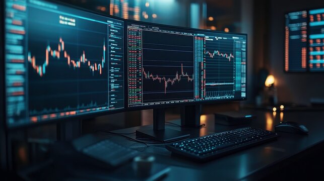 A modern trading setup featuring dual monitors displaying stock market data and financial graphs in a dimly lit environment.