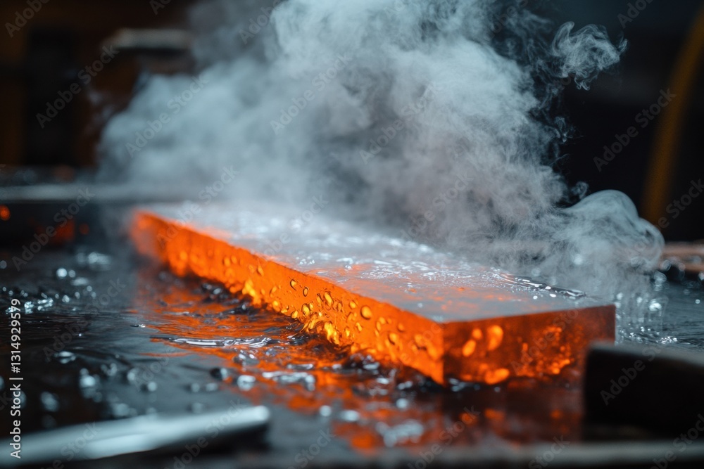 Poster red hot metal billets submerged in water for tempering, creating steam in an energetic workshop envi