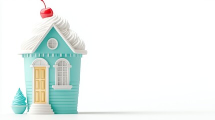 Whimsical Teal Cupcake House 3D Render with Ice Cream