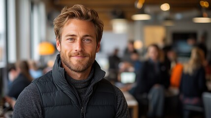 Fototapeta premium A smiling young man with short, curly hair stands in a modern office space, wearing a dark vest over a light sweater.