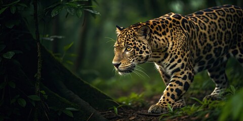 Naklejka premium Leopard in motion tropical rainforest wildlife photography dense foliage close-up nature's majesty