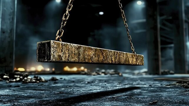 A lone steel beam hanging from a crane in a vast construction site, representing the potential and promise of future projects.