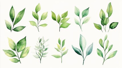 Creating a fresh natural watercolor set of green leaves artistic studio digital artwork creative space aesthetic concept