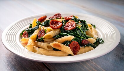 delicious pasta dish with sausage spinach and sun dried tomatoes on a white plate ideal for culinary and food photography