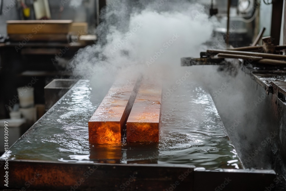 Poster red hot metal billets submerged in water for tempering while steam rises in a busy workshop filled w