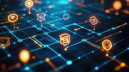 Business communication network concept with futuristic data and glowing icons.