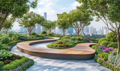 Fototapeta premium Rooftop garden with curved benches, city view